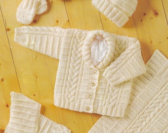 aran knitting pattern for baby cardigan blanket hat and mittens set