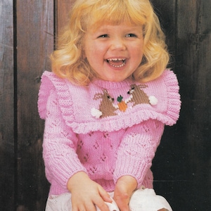 vintage knitting pattern for cute little girls bunny rabbit frilly jumper - PDF instant download