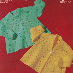vintage crochet pattern for baby matinee jacket cardigans in 3 ply - size 3-6m