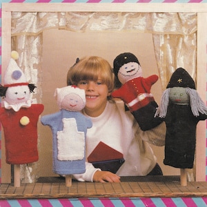 vintage knitting pattern for hand puppet toys, clown soldier nurse and witch hand puppets knitting pattern PDF instant download
