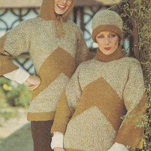 May include: Two matching knitted sweaters with a chevron design in shades of brown and beige. One sweater has a hood, the other a turtleneck and matching beanie. Both are paired with brown pants and white undershirts.