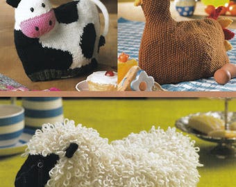 vintage tea cosies knitting pattern PDF download - cow sheep and hen farmhouse tea cosy patterns