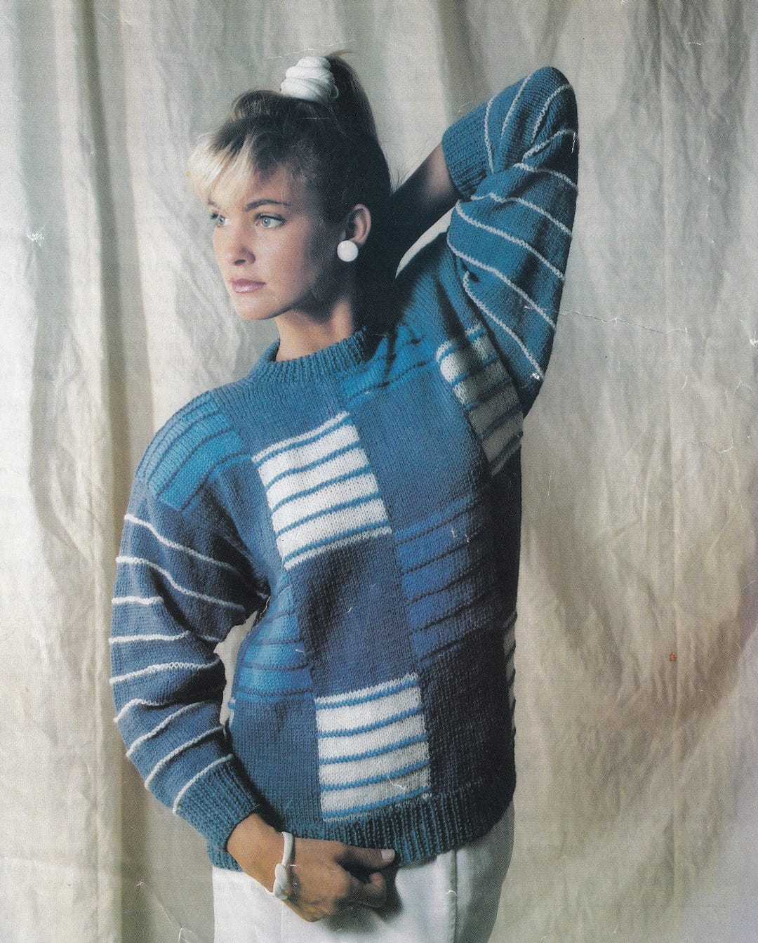 Vintage Knitting Pattern PDF for Ladies 1980s Jumper With Check and ...