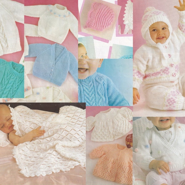 bumper baby knitting pattern collection - blanket cardigan hat bonnet booties jumper and more - dk and 4 ply yarn