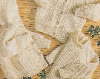 Vintage aran knitting pattern for childrens jacket, cardigan and sweater set