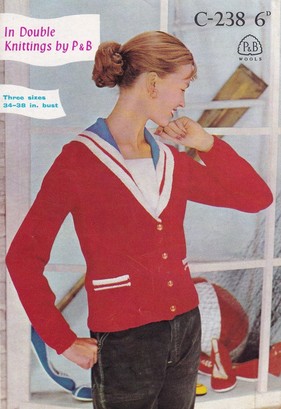 Vintage 1950s Knitting Pattern - Nautical Sailor Sweater for Women