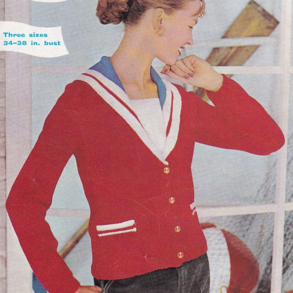 vintage 1950s knitting pattern - nautical sailor sweater for women 34-38 inch bust