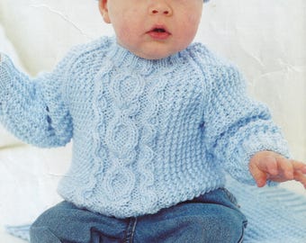 vintage aran knitting pattern for baby boy sweater hat and blanket set - 16 to 26 inch chest