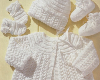 knitting pattern for baby matinee cardigan hat booties and mittens set