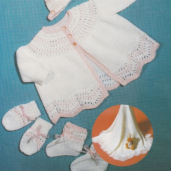 vintage layette set baby knitting pattern - matinee coat, bonnet, bootees and shawl - 3 ply wool