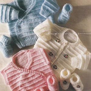 knitting pattern for baby wrapover and crew neck cardigan and waistcoat set in dk and 4 ply