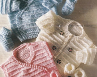 knitting pattern for baby wrapover and crew neck cardigan and waistcoat set in dk and 4 ply