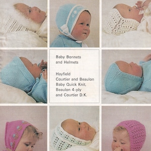 vintage knitting pattern for a collection of baby helmets and bonnets in dk and 4 ply yarn