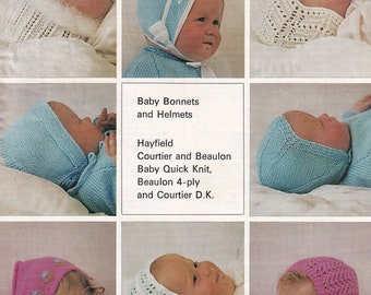 vintage knitting pattern for a collection of baby helmets and bonnets in dk and 4 ply yarn