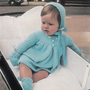 vintage knitting pattern for 4 ply baby matinee coat bonnet mitts dress and booties