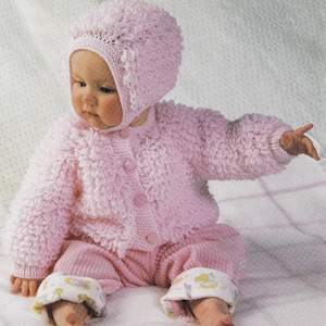 vintage knitting pattern for baby to child loopy cardigan and bonnet set