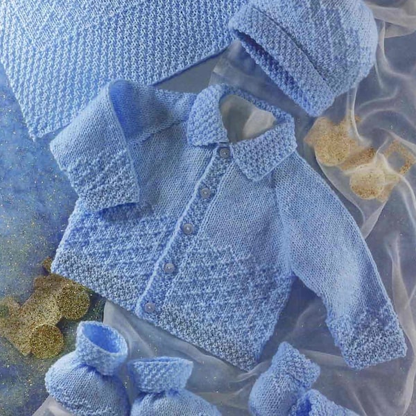 Strickanleitung für Baby Jungen Strickjacke Decke und Schühchen Set