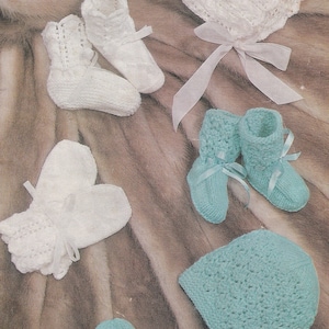 May include: A set of knitted baby items in white and light blue. The set includes a bonnet, booties, and mittens. The items are laid out on a brown fur background.