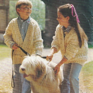 vintage aran knitting pattern for childs jacket cardigan size 22 to 34 inch chest v and round neck