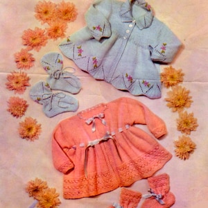 vintage knitting pattern for gorgeous baby cardigan and booties sets - 3 ply