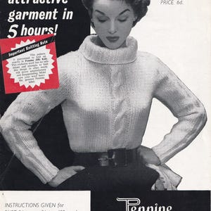 wzór na sweterek vintage dla kobiet z pięknym golfem - Pennine Jiffy Knit Leaflet nr 708 Pobierz plik PDF