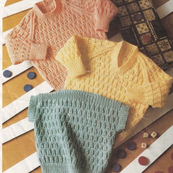 vintage knitting pattern for baby sweaters and slipover in dk yarn