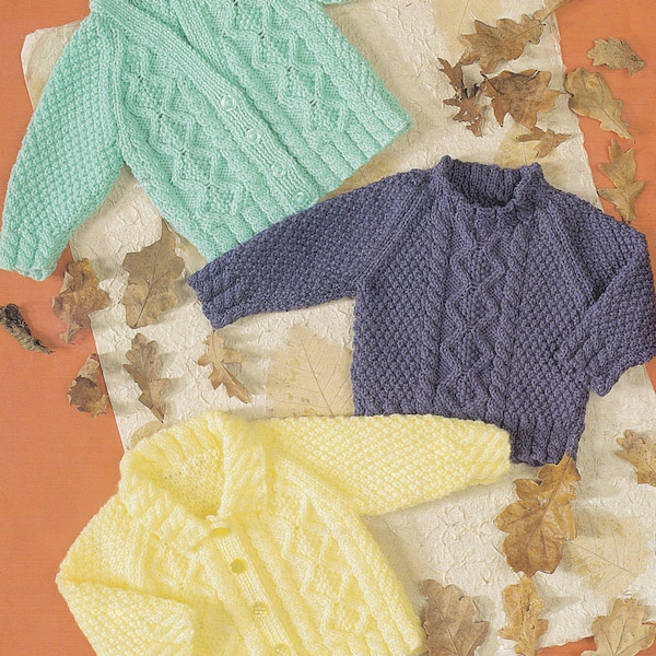 PDF knitting pattern for baby cable sweater and cardigans from size 14 inch chest