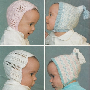 May include: Four images of babies wearing knitted bonnets. The bonnets are in various colors, including pink, white, and blue. Some bonnets have decorative patterns and tassels. The babies are wearing white or blue clothing.