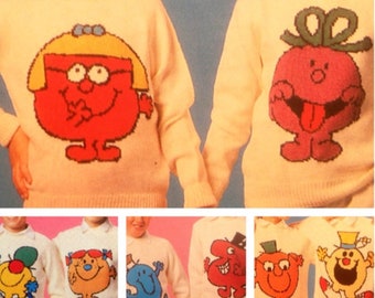 Mr Men und Little Miss Sweater / Pullover Strickmuster - Kinder- und Erwachsenengrößen