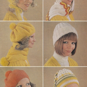 Könnte beinhalten: Sechs verschiedene Strickmützen in verschiedenen Farben und Stilen. Die Mützen werden auf Modellen mit verschiedenen Frisuren gezeigt. Die Mützen sind alle aus einem weichen, flauschigen Garn gefertigt.