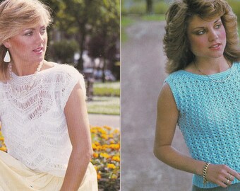 vintage 1980s knitting pattern for 2 x ladies summer tops sweaters - PDF instant download - DK 8 ply