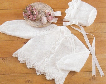 knitting pattern for baby lace edged cardigan and bonnet set