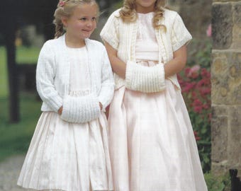 vintage knitting pattern for girls bolero cardigan and muff set - 24 to 36 inch chest - long or short sleeved