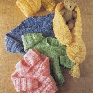 baby to child sweaters hat and scarf knitting pattern in dk and 4 ply yarn