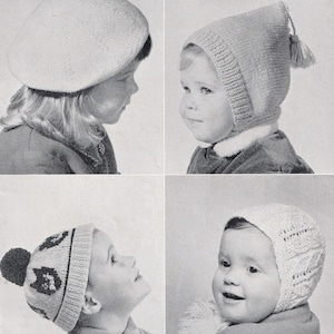 May include: Four children wearing different knitted hats. The hats are in various styles, including a beret, a hooded hat, and a beanie with a pom-pom.