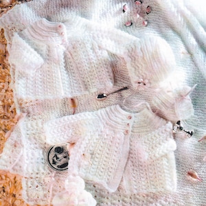 vintage knitting pattern for baby lace layette - matinee coat, angel top, shawl, bonnet, mittens, booties