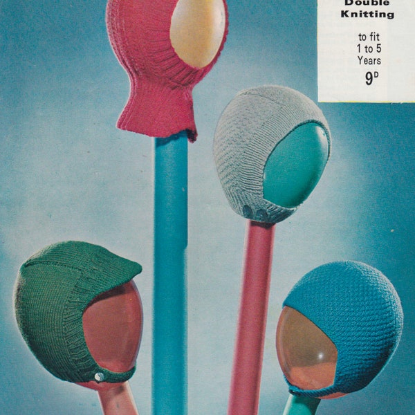 vintage knitting pattern for a collection of children hats, helmets and balaclava - dk yarn