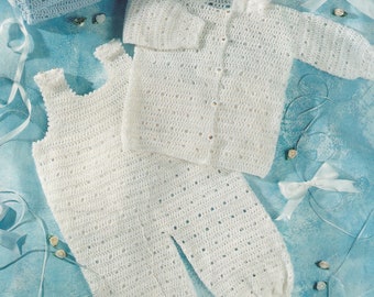 Crochet pattern for cute baby dungarees and hooded cardigan