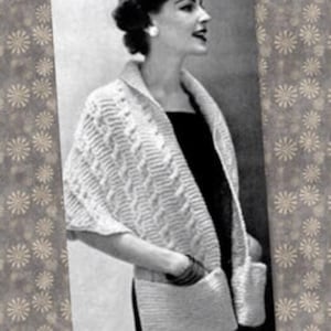 Patrón de tejido para bufanda vintage tipo shrug con bolsillos