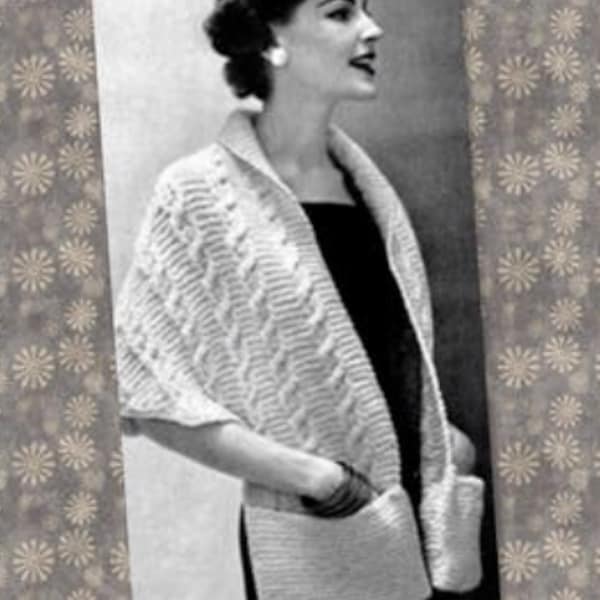 Knitting pattern for vintage shrug scarf with pockets