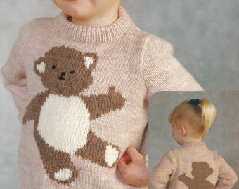 vintage knitting pattern for childrens teddy bear intarsia jumper sweater, DK, PDF instant download 22 to 26 inch chest