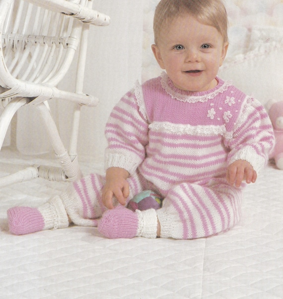 Vintage Knitting Pattern for Cute Baby All in One Babygrow Set 