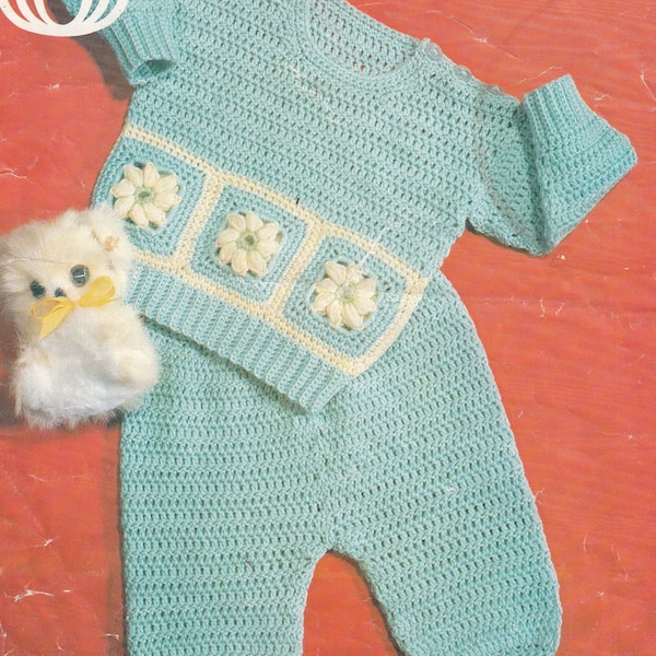 vintage crochet pattern for very cute baby sweater top and knickerbocker pants set in dk yarn