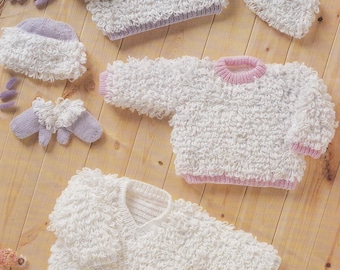 knitting pattern for baby to child loopy set with sweaters, hat and mittens, dk yarn, PDF instant download, 16 to 26 inch chest