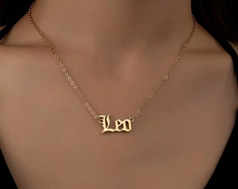 Personalized Gold Gothic Leo Name Necklace: Zodiac Sign Jewelry