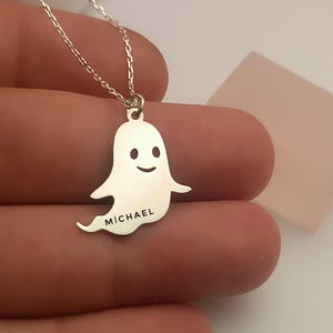 Custom Halloween Jewelry with Dainty Ghost Name Necklace, 925 Sterling Silver Spooky Pendant, Personalized Holiday Gift for Her or Girls