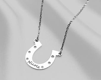 925 Sterling Silver Personalized Horseshoe Necklace, Custom Engraved Lucky Pendant for Her, Elegant Equestrian Jewelry, Gift for Horse Lover