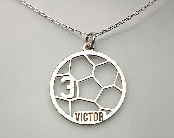 Sterling Silver Soccer Ball Pendant with Name - Personalized Football Charm Necklace - Custom Sports Jewelry - Coach and Team Gift for Socce
