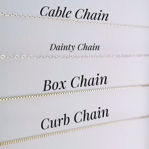 May include: Four different types of silver chains are displayed on a white background. The chains are labeled "Cable Chain", "Dainty Chain", "Box Chain", and "Curb Chain".