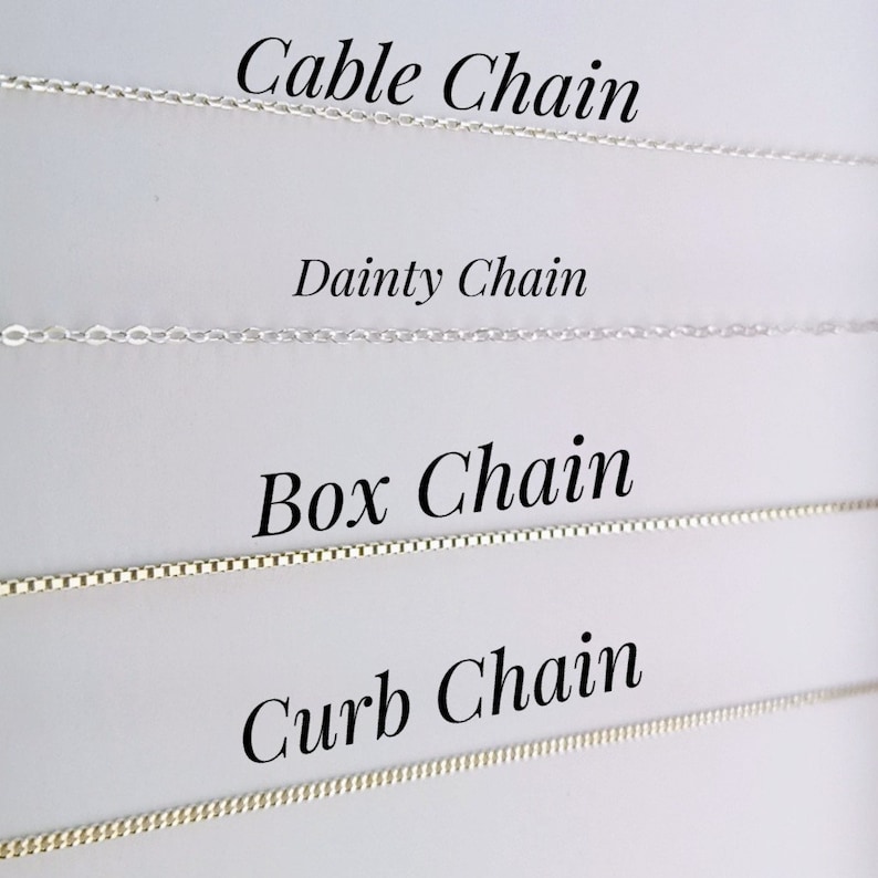 May include: Four different types of silver chains are displayed on a white background. The chains are labeled "Cable Chain", "Dainty Chain", "Box Chain", and "Curb Chain".